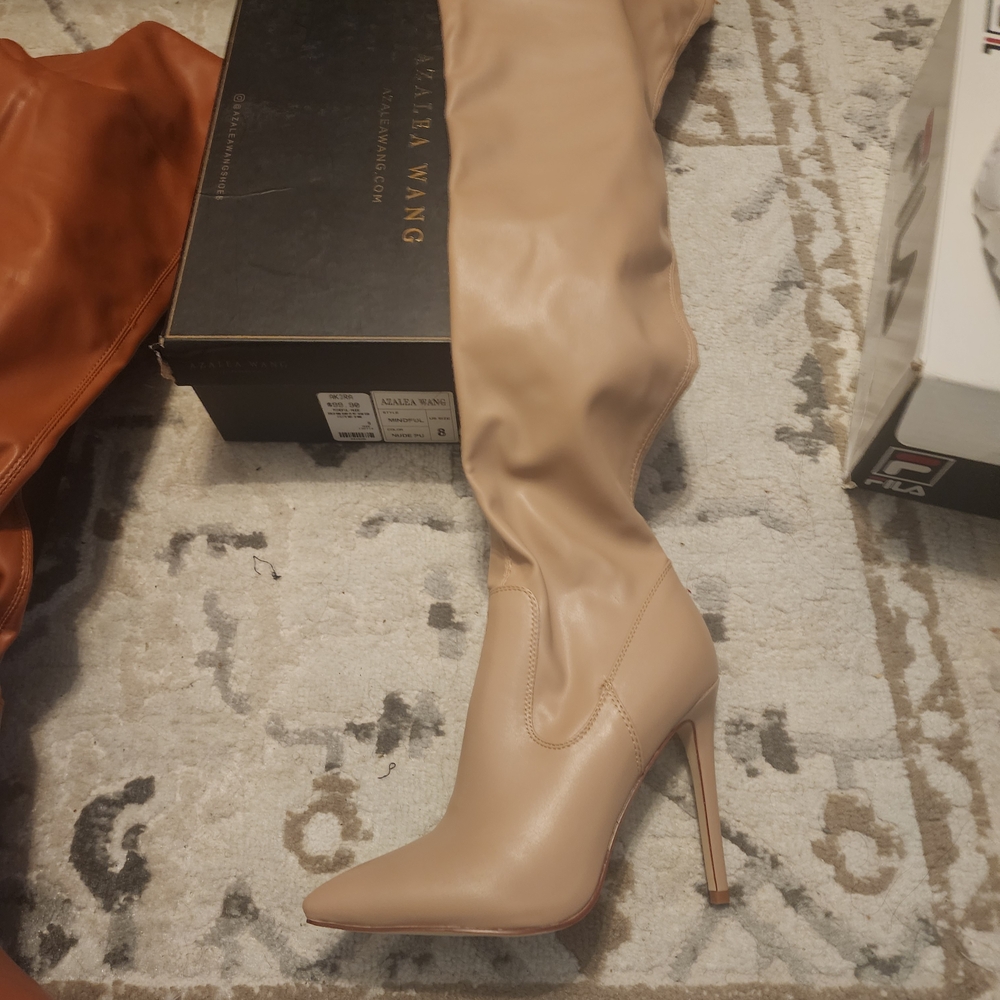 AKIRA Beige Over the Knee High Heel Boots